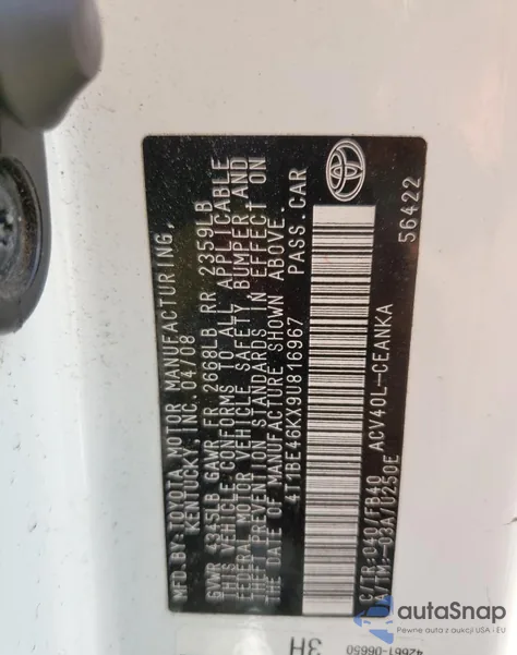 2009 Toyota Camry Base из США, поврежденный, VIN 4T1BE46KX9U816967